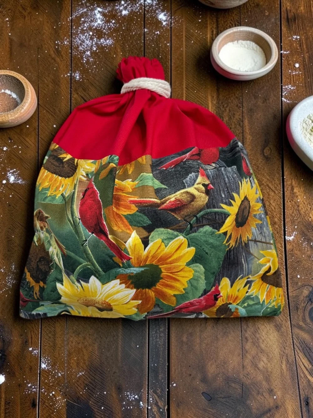 Red Cardinal & Sunflower Cotton Bread Bag, Reusable Sourdough Bread Keeper
